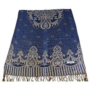 Pashmina Blue Gold Floral Paisley Damask Scarf Shawl Wrap with Fringe 100% Wool